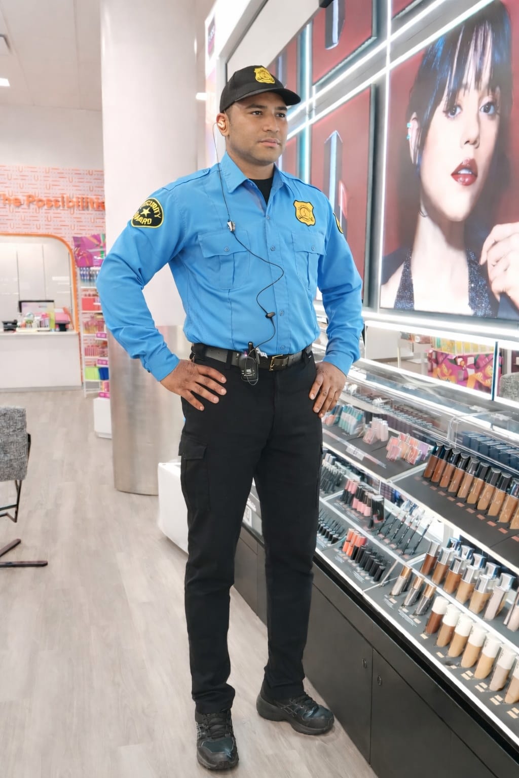 Retail security guard standing inside shopping store monitoring customers