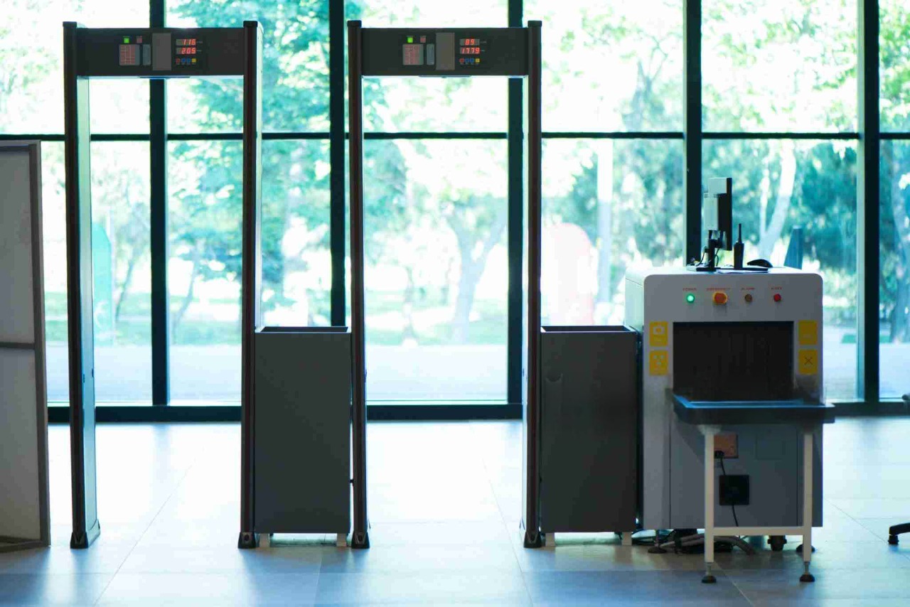 Walk-through metal detectors and security screening equipment at building entrance